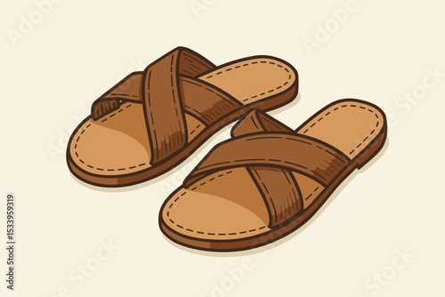 Classic brown summer sandals illustration. Pair of retro leather slide shoes for casual beach wear or vacation. Vintage style open-toe footwear. Fashion accessory concept.