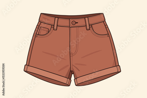 Women's summer shorts vector illustration. Casual high-waisted denim shorts with rolled cuffs. Trendy brown fashion apparel. Isolated clothing flat design icon for warm weather.