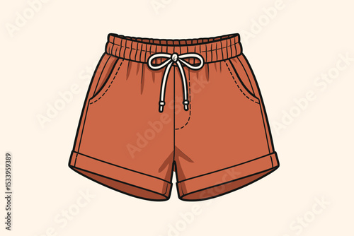 Trendy summer shorts vector illustration. Casual orange loungewear with drawstring and elastic waist. Fashionable beachwear or sportswear with pockets. Isolated graphic clothing icon.