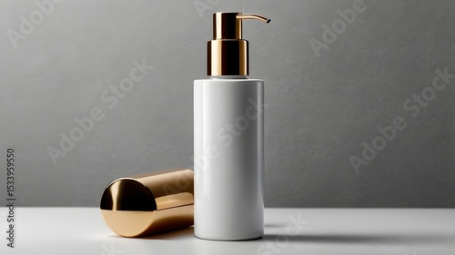 A sleek white pump bottle with a gold accent sits beside a matching gold container against a gray background