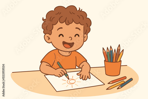 Cute happy boy drawing a sun with colored pencils. Child creativity and education concept. Little kid learning at his desk. Cartoon vector illustration for school or kindergarten.
