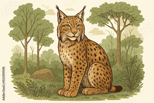 Majestic lynx illustration sitting in a forest. Wild cat vector graphic in nature. Eurasian bobcat predator in a woodland environment. Wildlife animal portrait for conservation.