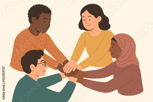 Diverse team putting hands together. Concept of unity, support, and teamwork. Multicultural people showing racial equality and community spirit. Flat vector illustration of cooperation.