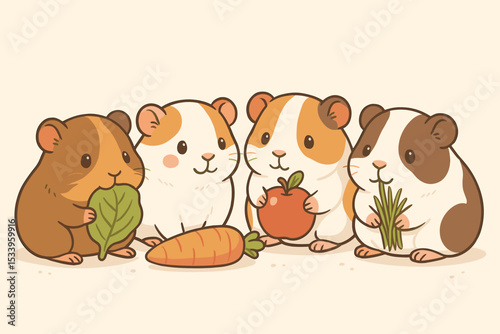 Cute guinea pig characters eating a feast. Kawaii cartoon illustration of a group of four happy cavy pets with vegetables and fruit. Adorable rodent vector with apple, carrot, and hay.