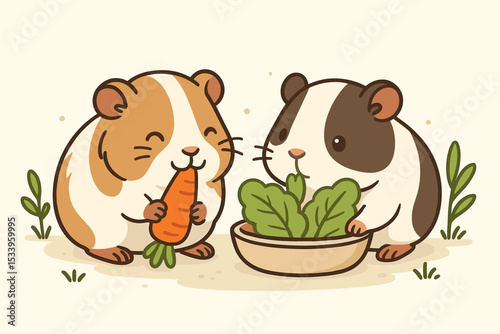 Two cute kawaii guinea pigs eating carrot and lettuce. Happy pet rodents enjoying a vegetable feast together. Adorable cartoon animal character illustration for kids and pet lovers.