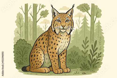 Detailed vector illustration of a lynx sitting in a calm forest. Portrait of a beautiful wild cat, bobcat. Wildlife mammal in its natural habitat. Nature and animal conservation concept.