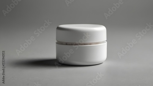 A sleek white cosmetic jar sits on a neutral gray surface, its simple design hinting at purity and elegance