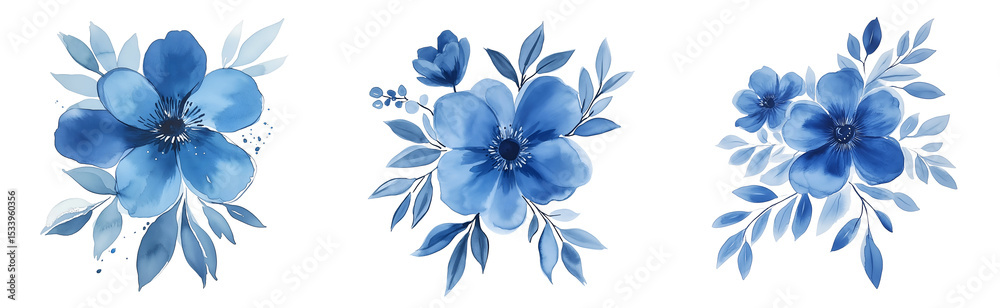 Obraz premium Set of various blue flowers, hand painted with watercolor isolated on transparent background