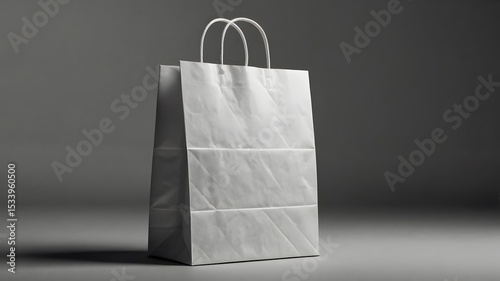 A simple white paper shopping bag stands alone against a muted gray backdrop