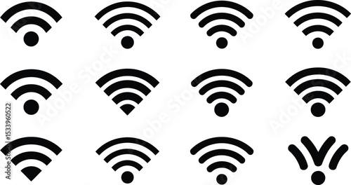 Illustration of twelve black wifi signal icons arranged on a white background in a simple and clean style