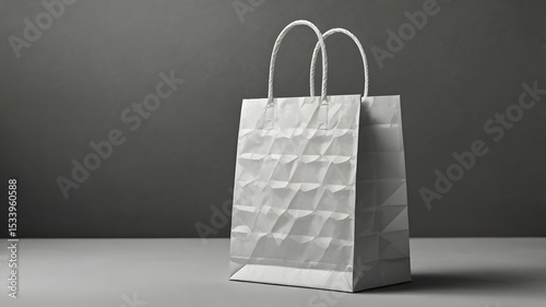 A crumpled white paper shopping bag sits on a gray surface against a dark gray background