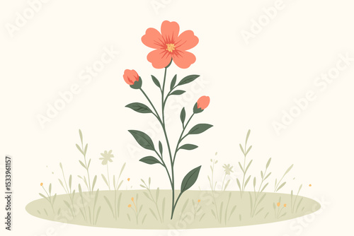 Simple orange wildflower illustration. Botanical vector graphic of a single flower blooming in a meadow. Concept of spring, nature, and growth. Minimalist flat design element.