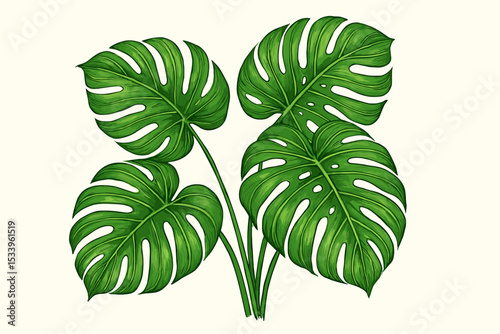 Monstera deliciosa leaf illustration. Tropical jungle foliage. Hand-drawn botanical vector art. Swiss cheese plant isolated on a light background. Exotic green plant element for design.