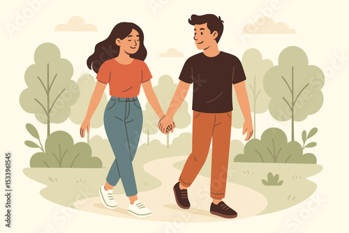 Young couple in love walking hand in hand in a summer park. Happy man and woman on a romantic date outdoors. Relationship and togetherness concept. Flat vector illustration.