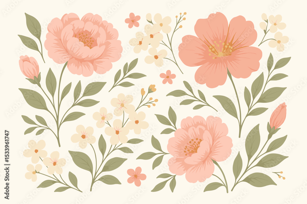 custom made wallpaper toronto digitalHand drawn floral illustration set. Botanical collection of vintage spring flowers like peonies and blossoms. Elegant vector elements for wedding invitation, card or romantic design.