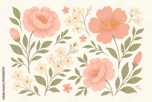 Wallpaper Mural Hand drawn floral illustration set. Botanical collection of vintage spring flowers like peonies and blossoms. Elegant vector elements for wedding invitation, card or romantic design. Torontodigital.ca