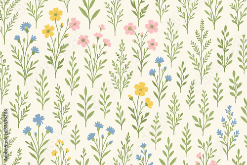 Seamless floral pattern with wildflowers. Botanical background with hand drawn meadow flowers like cornflower and buttercup. Elegant vector illustration for textile or wallpaper.