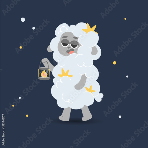 Sleeping curly sheep with a lamp in its paw. Cute fluffy character