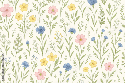 Seamless pattern with hand drawn meadow wildflowers. Botanical vector illustration with cornflower, buttercup and cosmos. Elegant vintage floral background for textile and wallpaper.