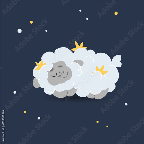 Sleeping curly sheep. Cute fluffy resting character. Counting sheep before bed