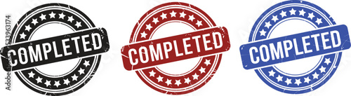 A red completed stamp with a circle of stars and a rectangular banner on a white background design element