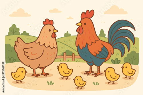 Happy chicken family illustration. Cute cartoon rooster, hen, and baby chicks together on a farm. Domestic poultry birds in a rural landscape. Hand-drawn vector character design.