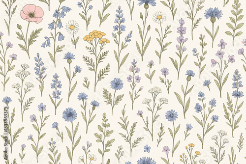 Wildflower seamless pattern with hand-drawn meadow flowers. Vintage botanical background with poppy, cornflower, chamomile, yarrow. Delicate floral vector for textile, wallpaper.