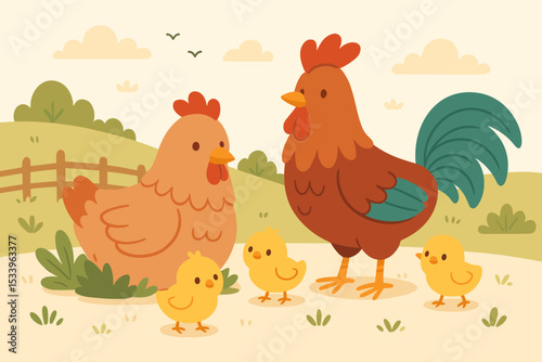 Cute chicken family illustration with rooster, hen, and chicks on a farm. Happy farm animals in a countryside landscape. Cartoon vector for kids, agriculture, and Easter concept.