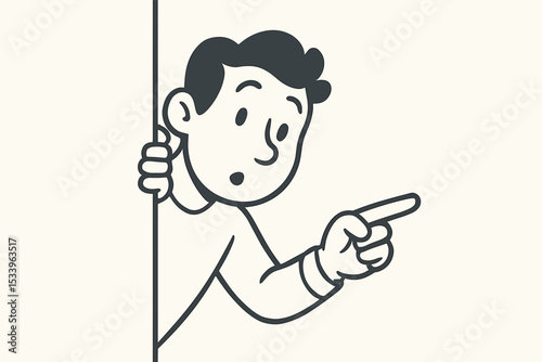 Curious retro cartoon character peeking out from behind a corner. Surprised man pointing a finger, discovering a secret. Mascot for advertisement, sale or announcement. Vector.