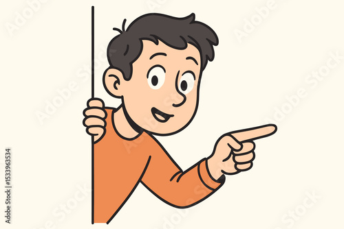Curious cartoon boy peeking from behind a corner and pointing his finger at copy space. Happy young man looking out, showing a secret or an announcement. Mascot vector illustration.