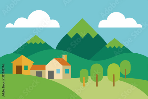 Serene Mountain Village Landscape Houses nestled among rolling hills and majestic peaks