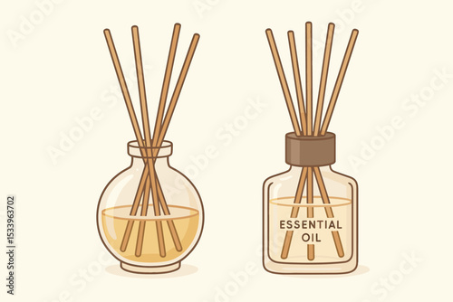 Reed diffuser with essential oil vector illustration set. Aromatherapy concept with bamboo sticks in glass bottle for home fragrance, relaxation, spa and wellness. Natural scent.
