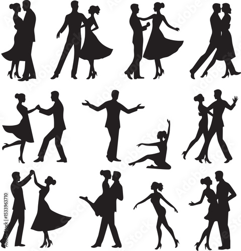 Sets of elegant silhouettes depicting various ballroom dance poses