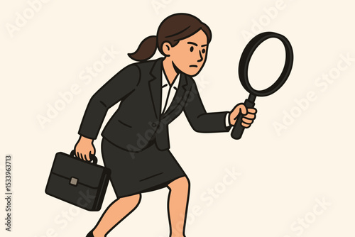Businesswoman with a magnifying glass investigating. Female detective or inspector searching for clues. Concept of business analysis, audit, research, and scrutiny. Corporate discovery.