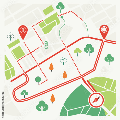Map Illustration Red Running Route City Park Green Trees Compass White Background jogging path