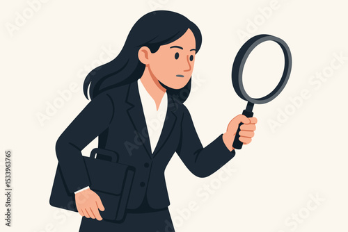 Businesswoman searching with a magnifying glass. Concept for corporate investigation, financial audit, data analysis, research, and recruitment. Female professional scrutinizing facts.