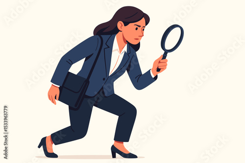 Businesswoman with a magnifying glass conducting an investigation. Concept of research, audit, analysis, and scrutiny. Female professional searching for data and information.