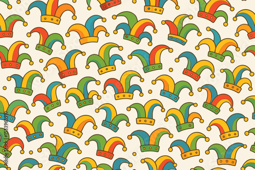 Colorful jester hat seamless pattern vector. Fun circus background with fool, joker, and harlequin caps. Festive illustration for carnival, Mardi Gras, or April Fools' Day party.