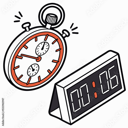 Orange and Black Stopwatch with Digital Clock Displaying 2026 on White Background timer time