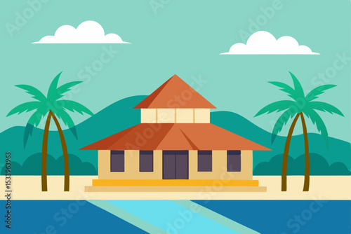 Serene Tropical Temple Tranquil Coastal Architecture Illustration