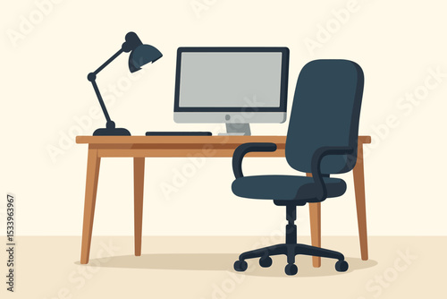 Modern office workspace vector illustration. Minimalist workplace interior with computer desk, ergonomic chair, and lamp. Concept for business, home office, and remote work.