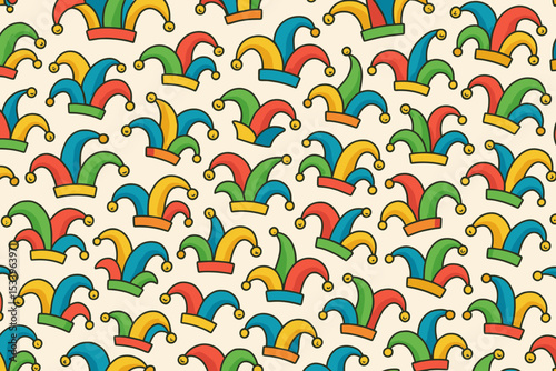 Seamless pattern with colorful jester hats. Funky carnival background design. Vector graphic of fool caps for festival, Mardi Gras, or April Fools' Day celebration party texture.