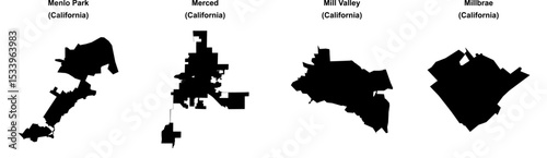 Menlo Park, Merced, Mill Valley, Millbrae outline maps
