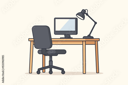 Modern office workplace interior illustration. Clean desk setup with computer, ergonomic chair, table lamp. Minimalist workstation for remote work, business, or home office concept.