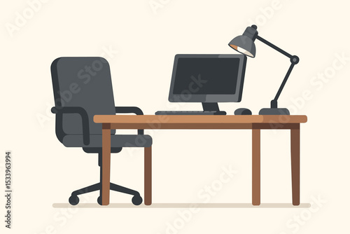 Modern office workplace vector illustration. Empty desk with computer, ergonomic chair, keyboard, and lamp. Business workspace interior concept for job, career, or remote home office.
