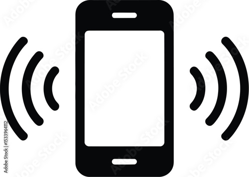 A simple black and white illustration of a smartphone with vibration waves on a light gray background