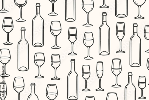 Wine seamless pattern vector. Background with hand drawn wine bottle and glass line art illustration. Alcoholic beverage wallpaper for restaurant menu, bar, winery tasting event.