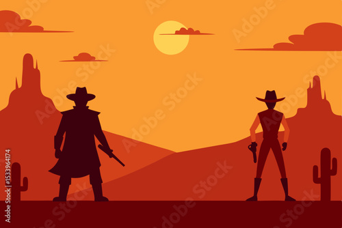 Sunset Showdown Two Lone Gunfighters Face Off in the Wild West Desert