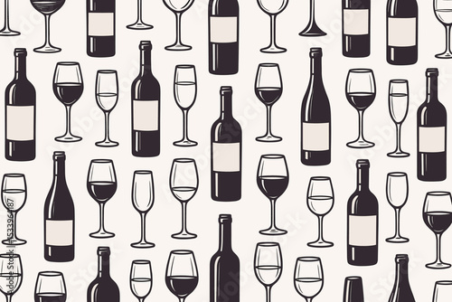 Wine pattern seamless vector background with bottles and glasses. Elegant graphic illustration for a restaurant menu, bar, winery promotion or wine tasting event invitation design.
