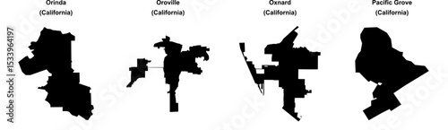 Orinda, Oroville, Oxnard, Pacific Grove outline maps